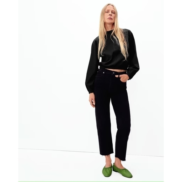 Everlane Blouse Women Black Crop The Mock Neck Bubble Top Cotton Long Balloon - Picture 15 of 15